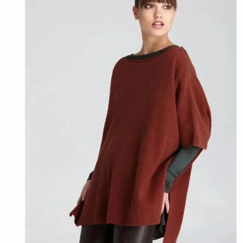 Vince Poncho Cape Knit Sweater Top Cashmere Wool Ribbed Henna Brown Size Small